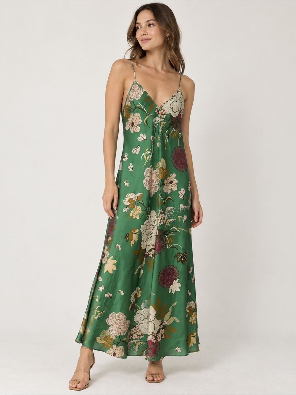 Zara Green Floral Satin Slip Dress Open Back Tie Size S